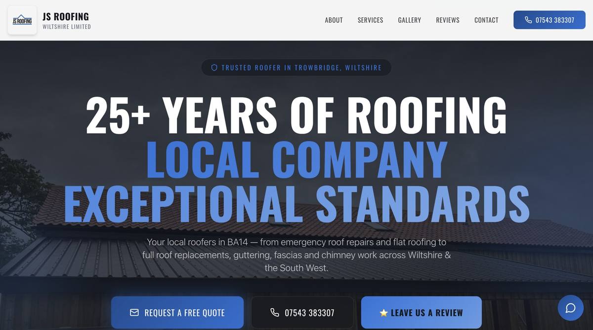 JS Roofing Wiltshire Ltd website homepage designed by TK Marketing