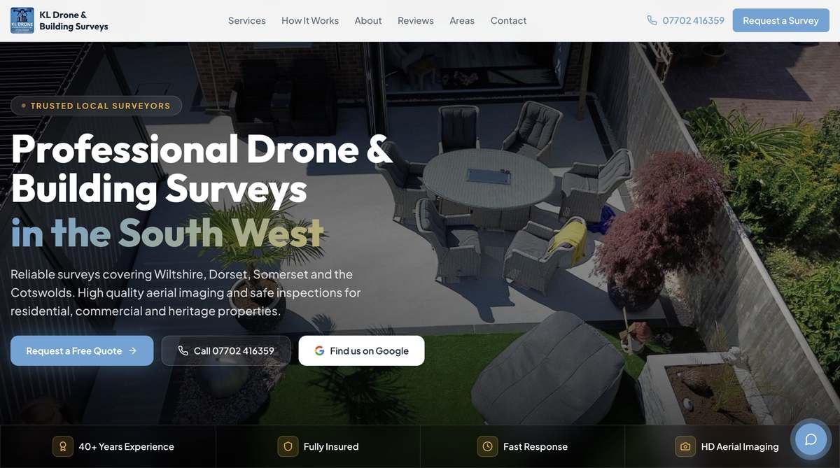 KL Drone & Building Surveys website homepage designed by TK Marketing
