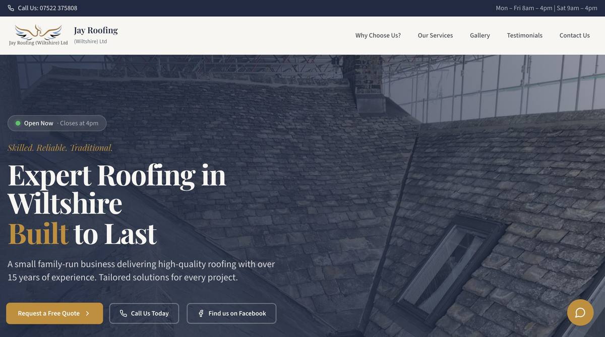 Jay Roofing Wiltshire Ltd website homepage designed by TK Marketing