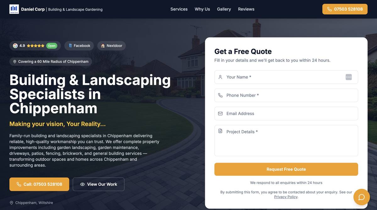 Daniel Corp Building & Landscaping website homepage designed by TK Marketing