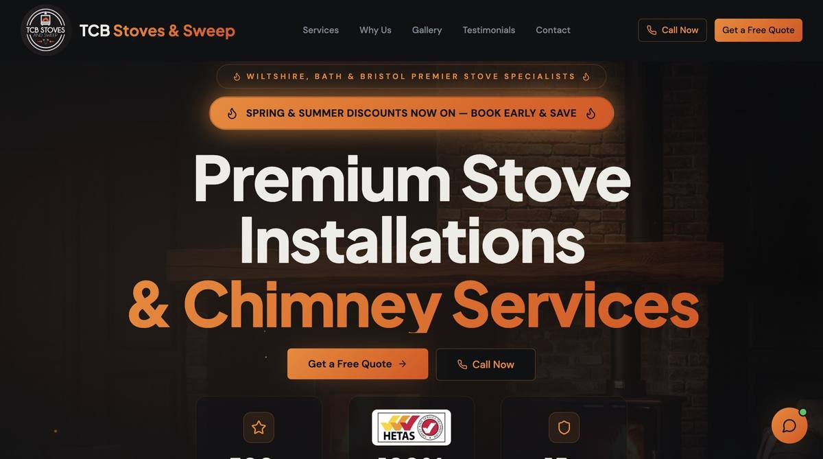 TCB Stoves & Sweep website homepage designed by TK Marketing