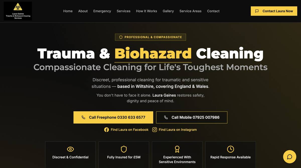 Laura Gaines Trauma & Biohazard Cleaning website homepage designed by TK Marketing
