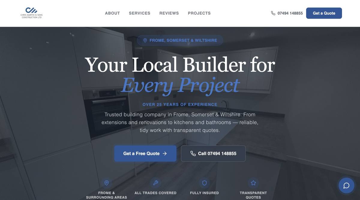 Chris Martin & Sons Construction website homepage designed by TK Marketing