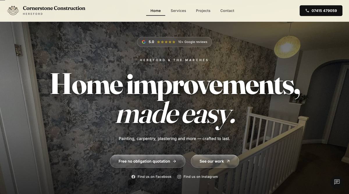 Cornerstone Construction Hereford website homepage designed by TK Marketing