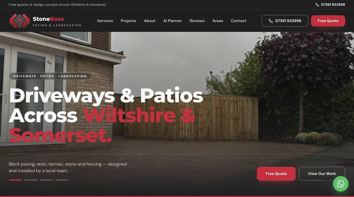 StoneBase Paving & Landscaping website homepage designed by TK Marketing