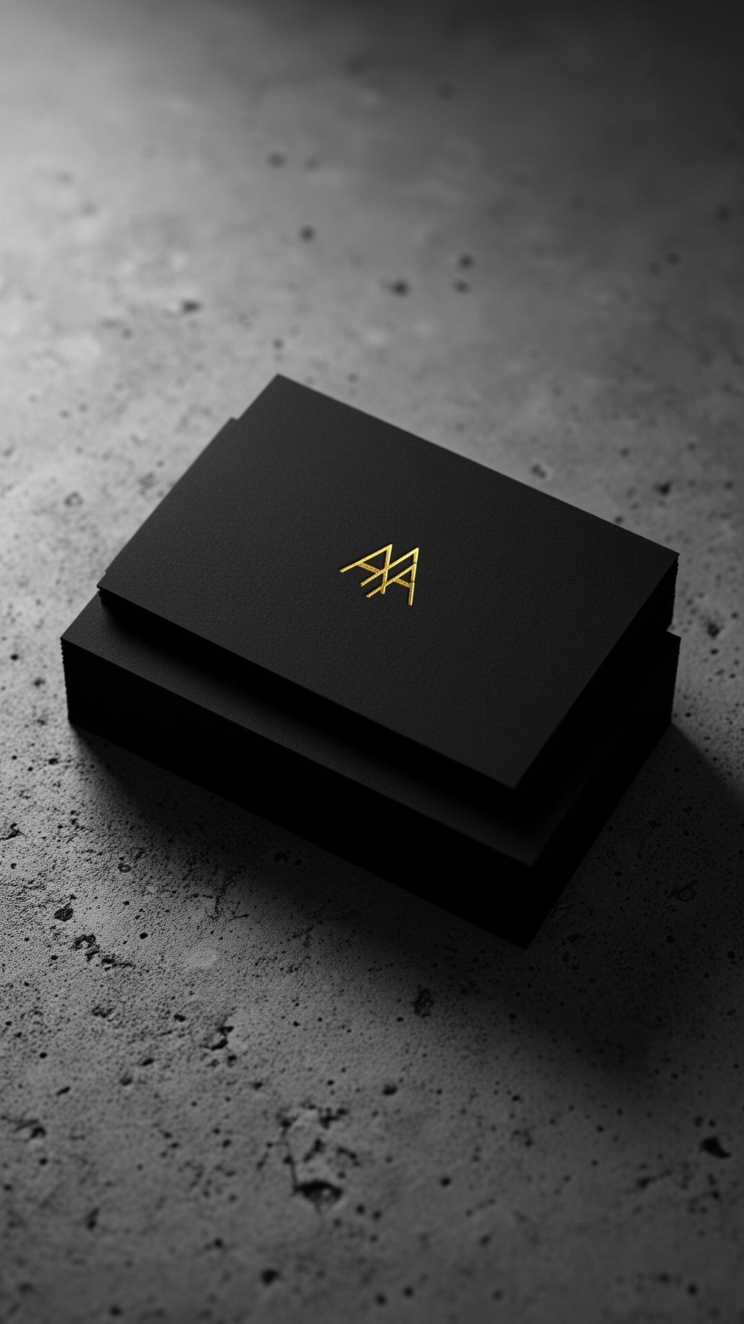 Matte black business cards stacked on concrete