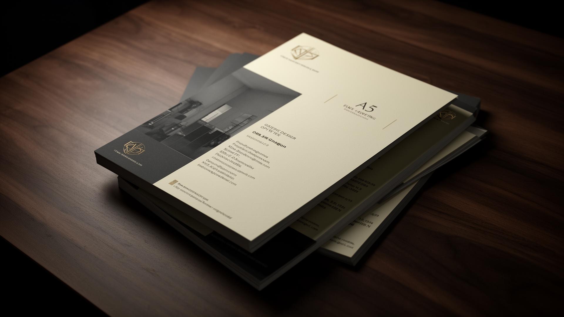 Premium printed flyers stacked on a dark walnut desk