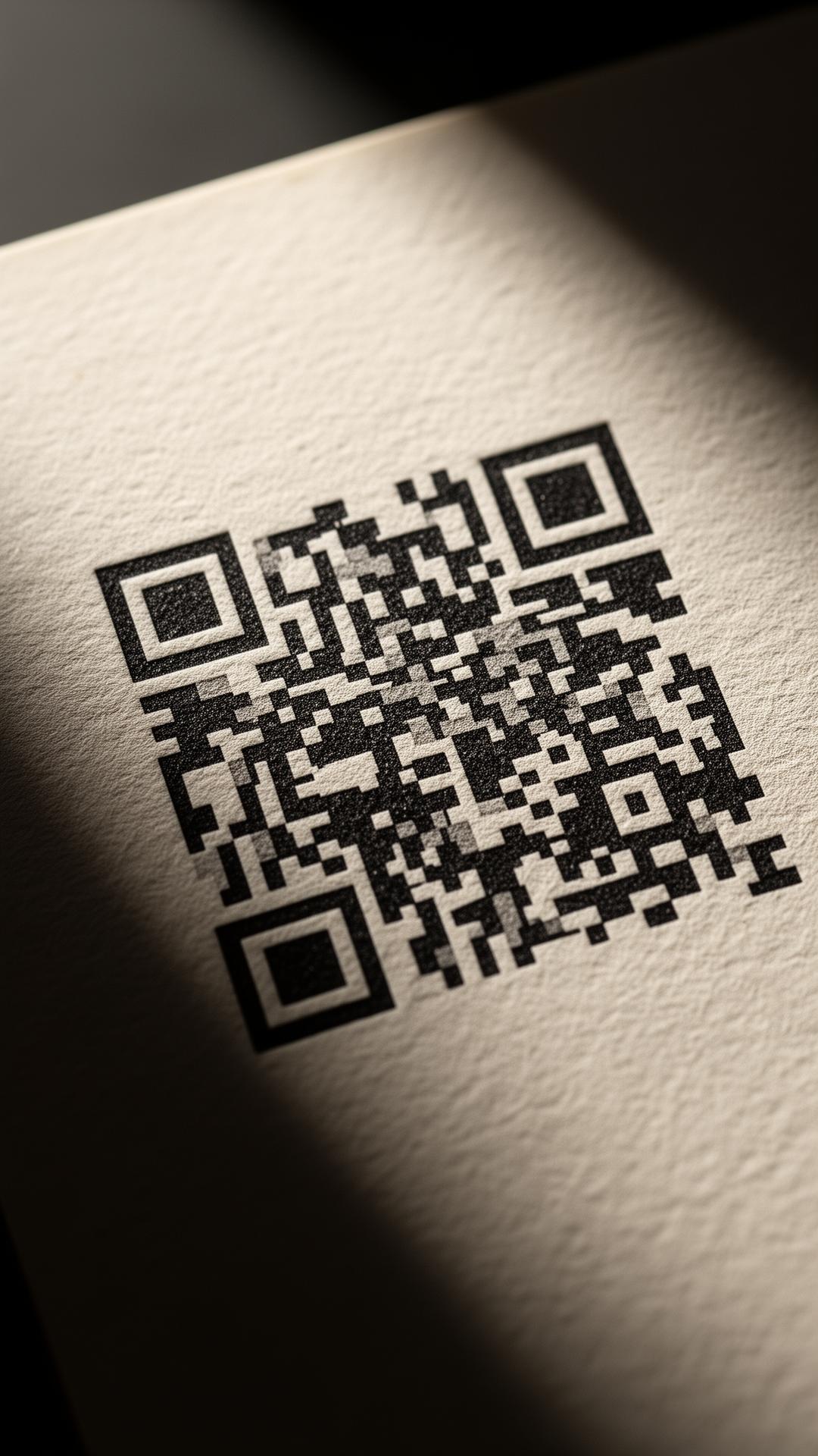 Macro shot of a printed QR code on textured paper