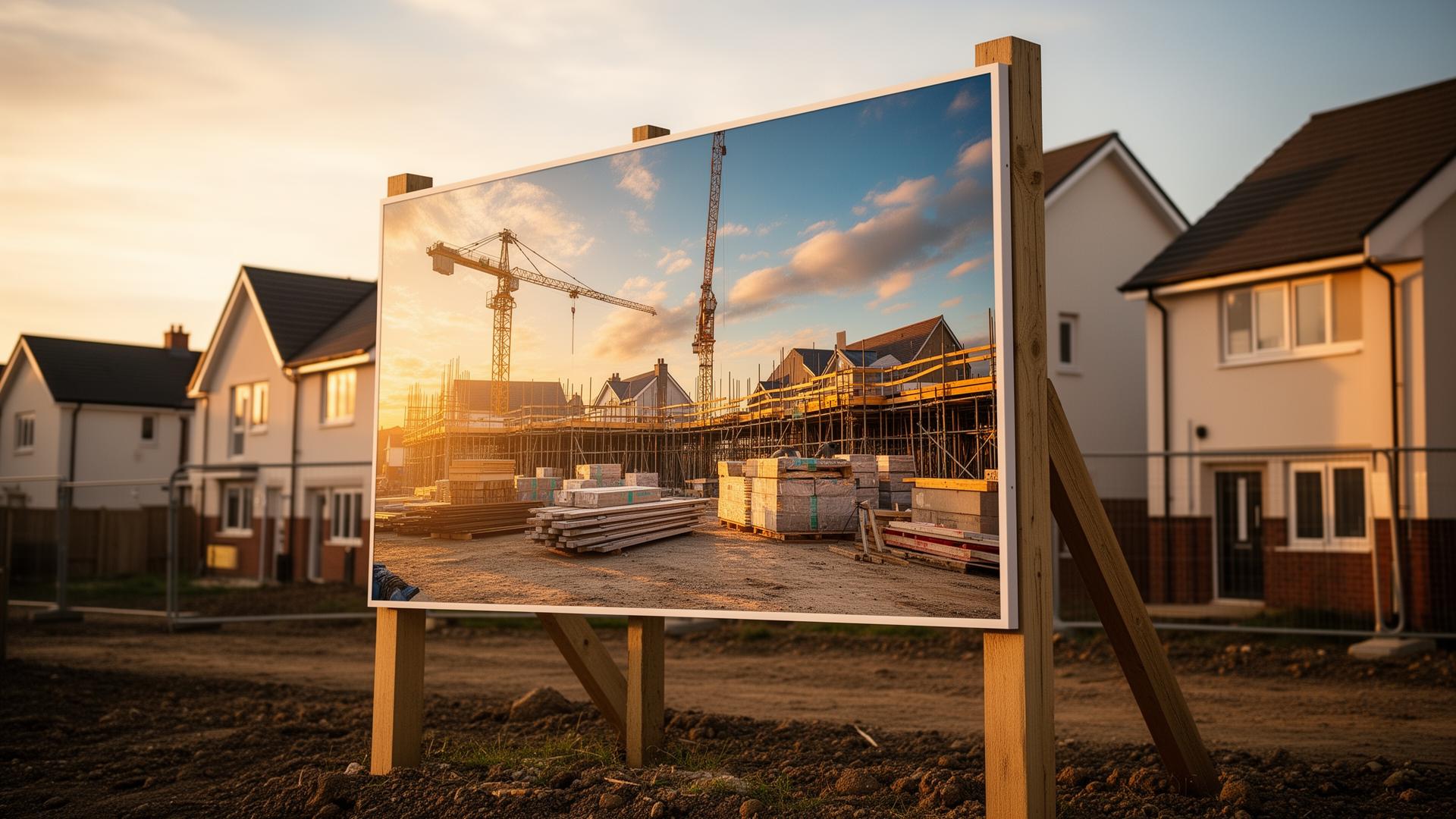 Branded scaffold banner on a residential building site.