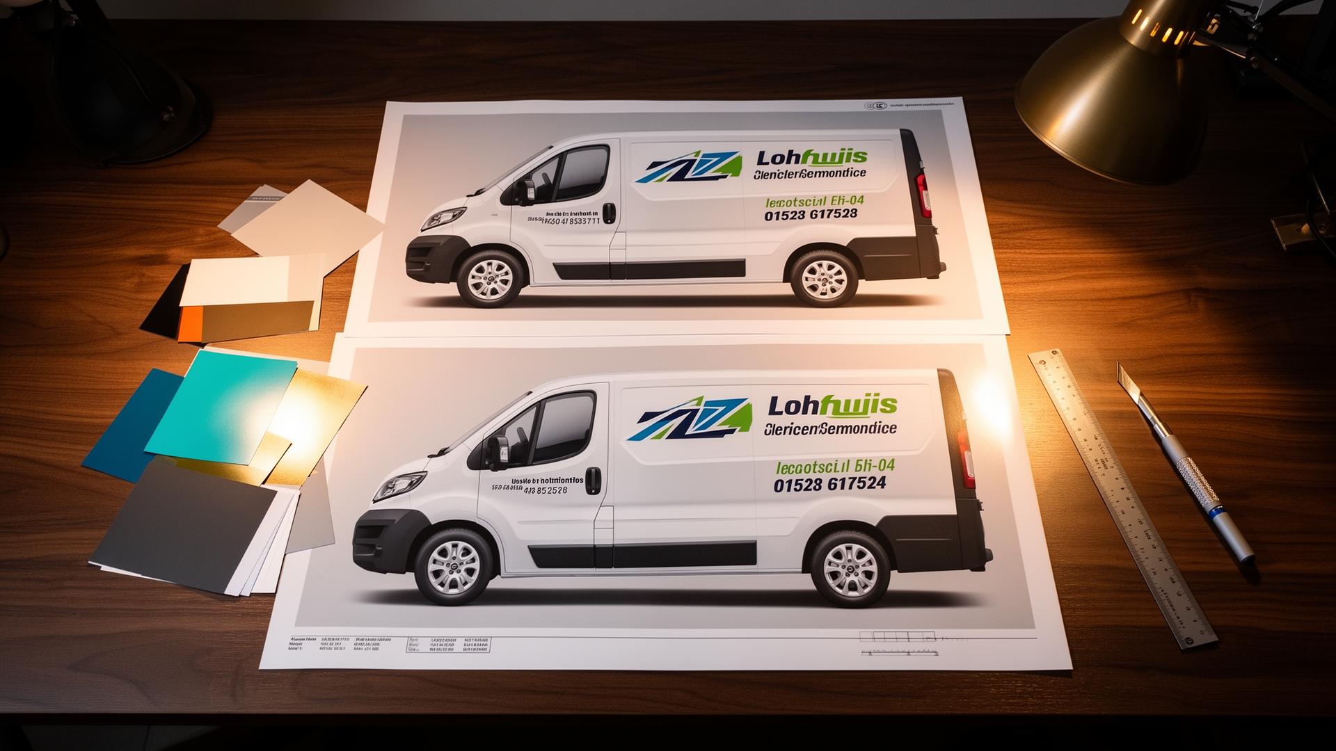 Vehicle livery artwork sheets on a designer's desk