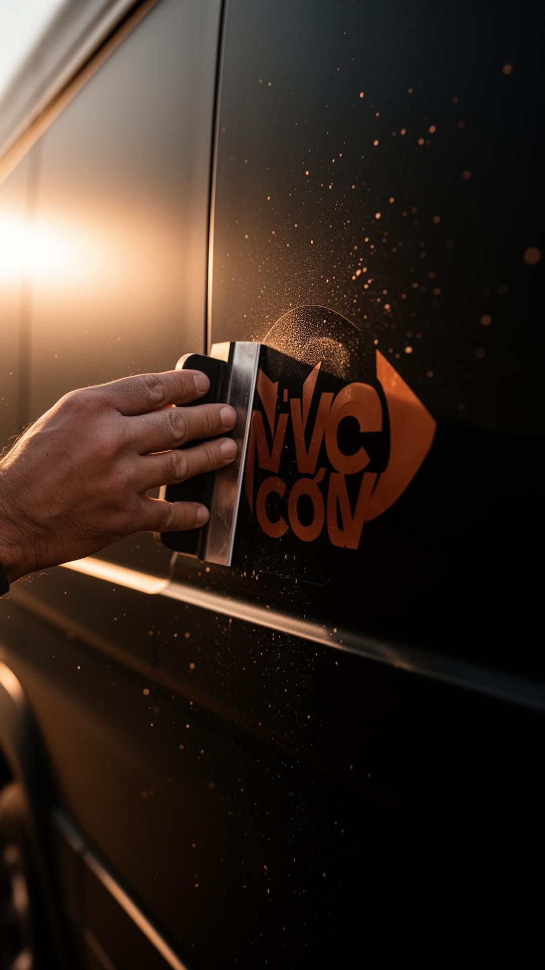 Hand applying a vinyl decal at golden hour