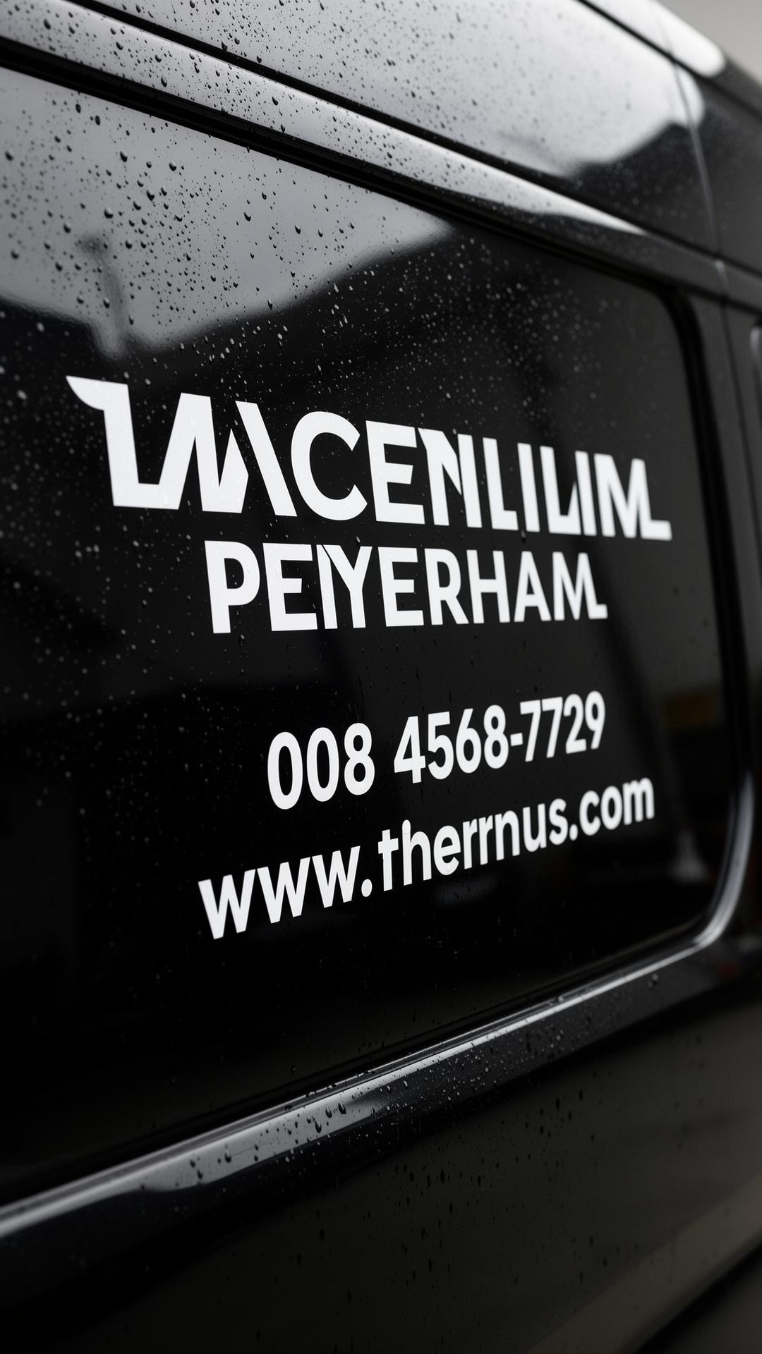 Detail shot of vinyl lettering on a black van
