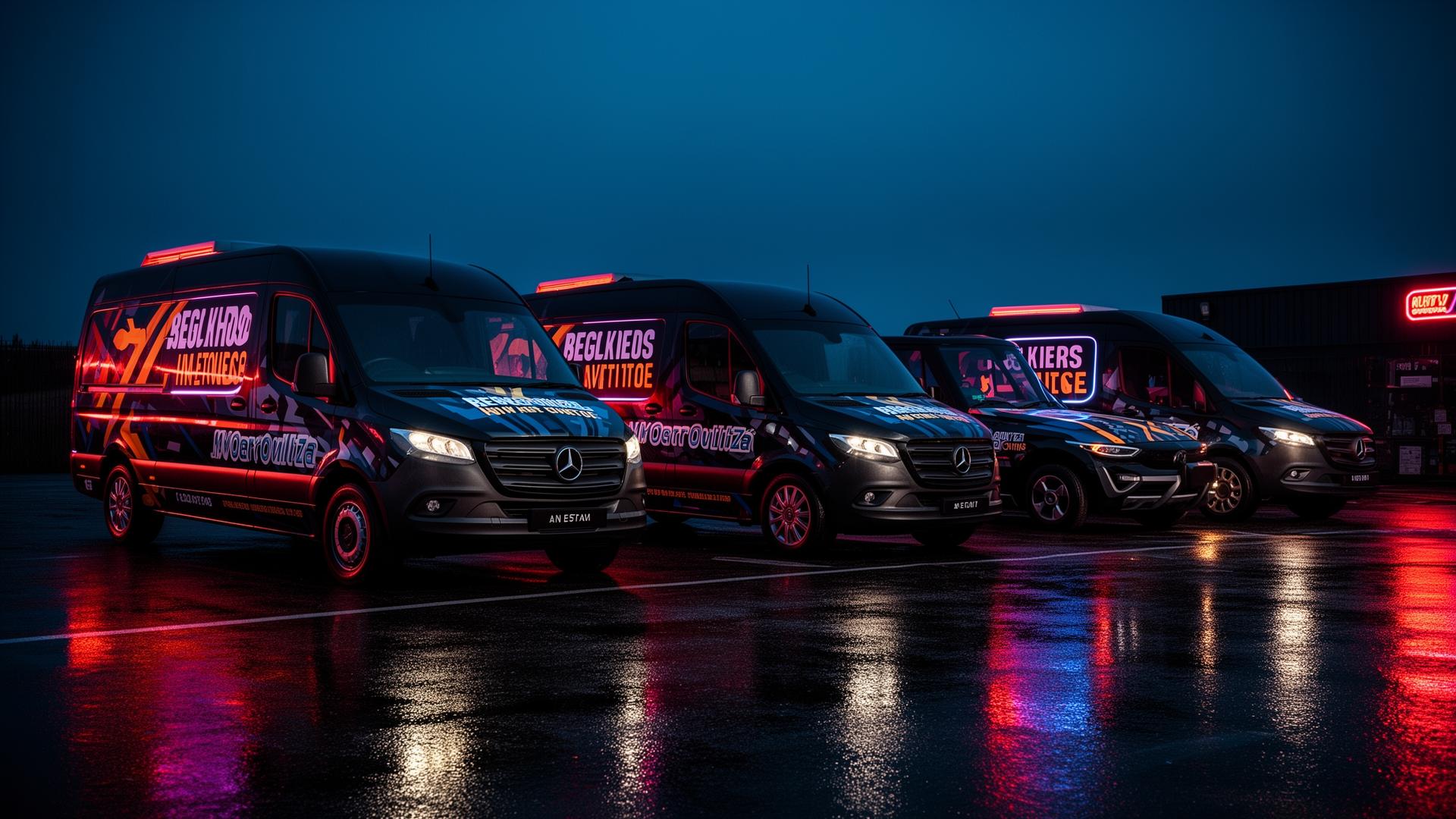 Fleet of three branded work vans at dusk