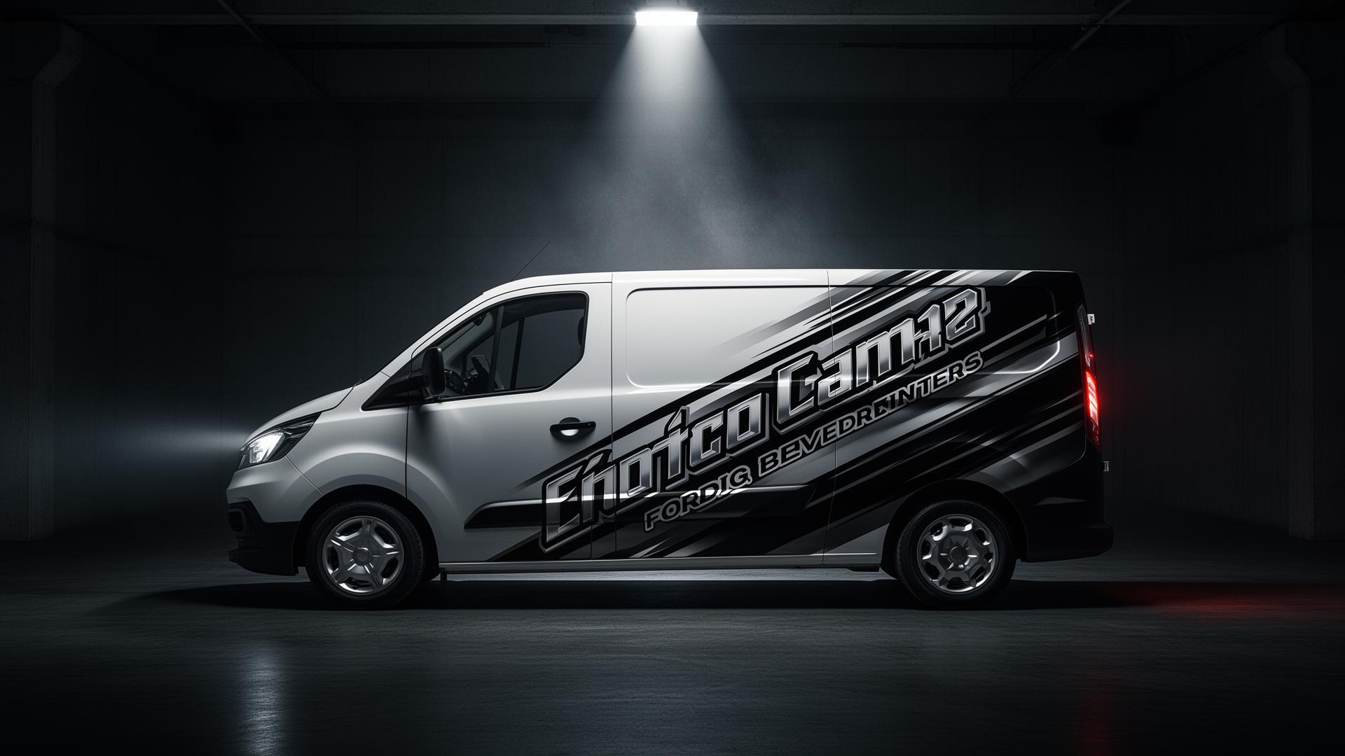 White van with custom vinyl graphics under a single overhead light in a dark warehouse