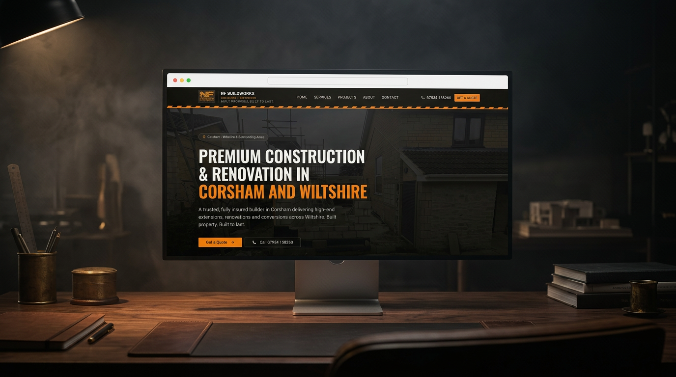 Cinematic studio with a giant curved monitor displaying an elegant minimalist website